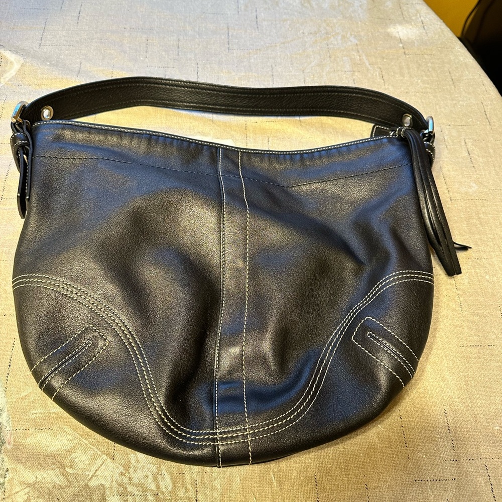 Coach Black Leather Hobo Bag with Curved Stitching